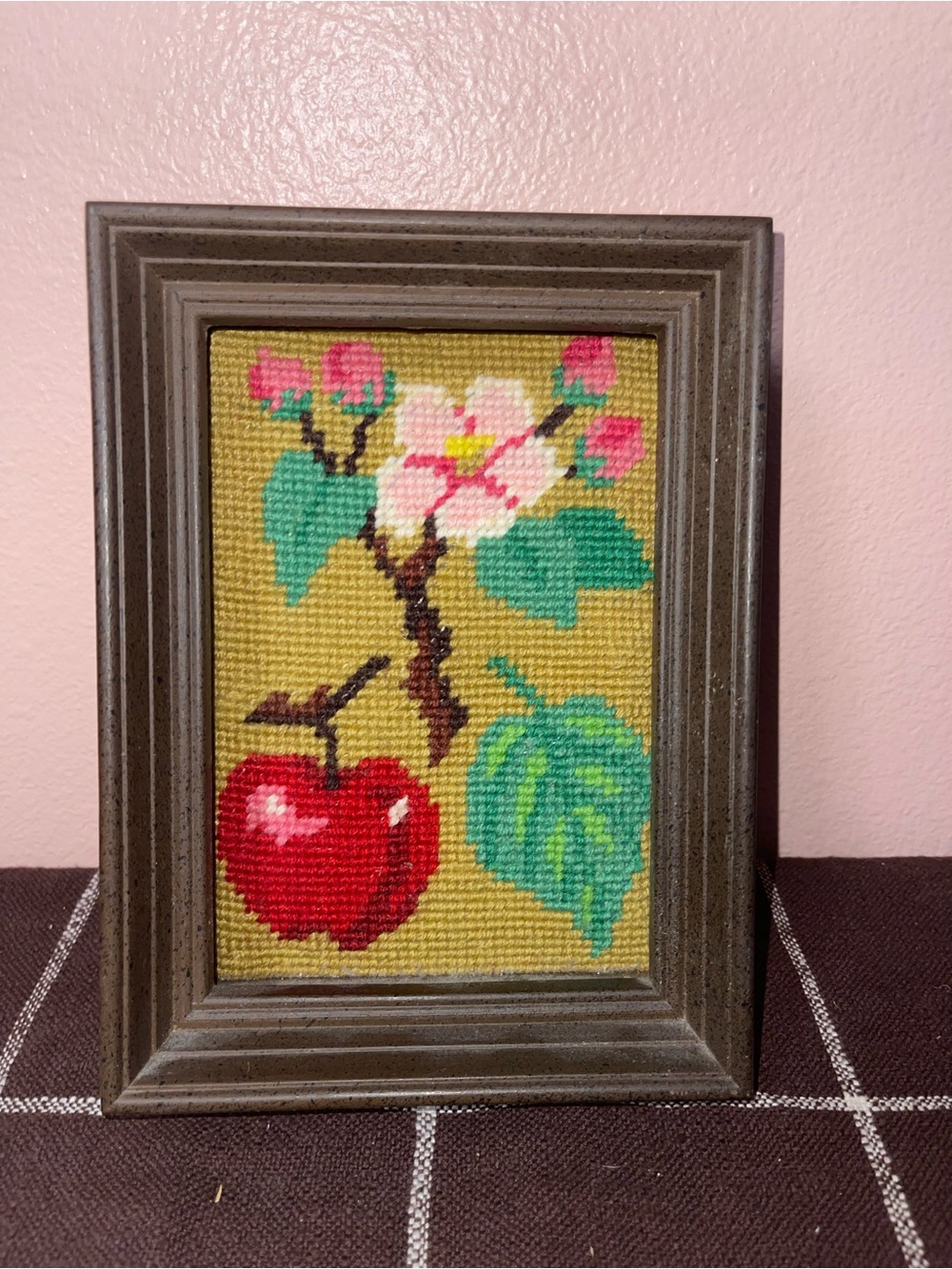 1975 Framed & Signed Needlepoint Apple Blossom Leaf Nature Gold Red Pink Art VTG